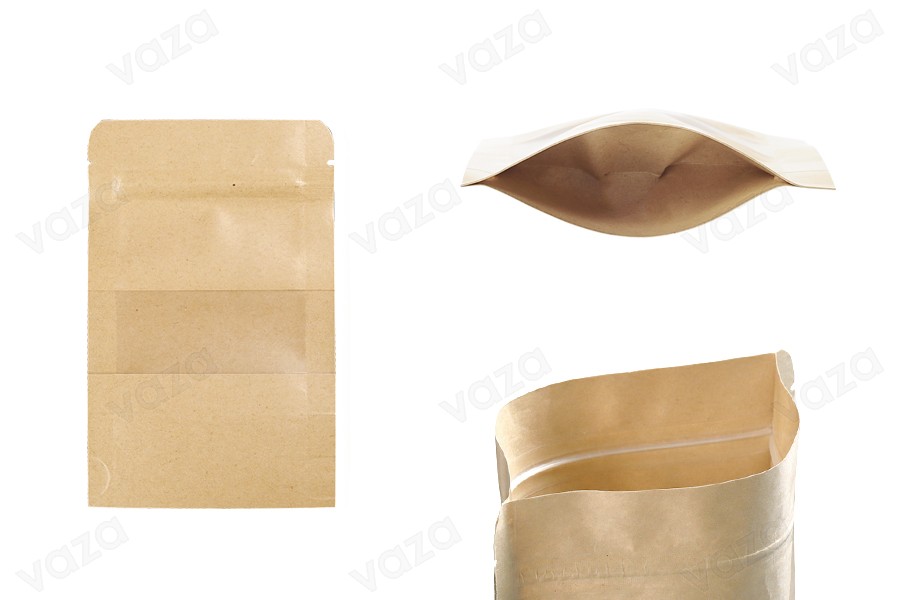 Qese kraft tip Doy Pack 90×30×140 mm, me mbyllje “zip” dhe dritare transparente, me veshje të brendshme dhe të jashtme transparente, me mundësi vulosjeje me ngjitje termike – 100 copë. Qese kraft tip Doy Pack 90×30×140 mm, me mbyllje “zip” dhe dritare transparente, me veshje të brendshme dhe të jashtme transparente, me mundësi vulosjeje me ngjitje termike – 100 copë.-imazh_produkt