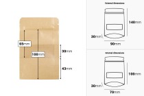 Qese kraft tip Doy Pack 90×30×140 mm, me mbyllje “zip” dhe dritare transparente, me veshje të brendshme dhe të jashtme transparente, me mundësi vulosjeje me ngjitje termike – 100 copë. Qese kraft tip Doy Pack 90×30×140 mm, me mbyllje “zip” dhe dritare transparente, me veshje të brendshme dhe të jashtme transparente, me mundësi vulosjeje me ngjitje termike – 100 copë.-imazh_dimensione