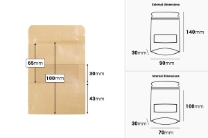 Standbodenbeutel aus Kraftpapier 90x30x140mm mit Sichtfenster und Druckverschluss, verschließbar  - 100 Stücke-εικόνα_διαστάσεις