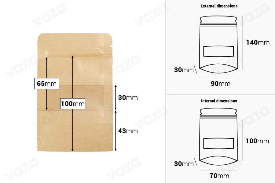 Qese kraft tip Doy Pack 90×30×140 mm, me mbyllje “zip” dhe dritare transparente, me veshje të brendshme dhe të jashtme transparente, me mundësi vulosjeje me ngjitje termike – 100 copë. Qese kraft tip Doy Pack 90×30×140 mm, me mbyllje “zip” dhe dritare transparente, me veshje të brendshme dhe të jashtme transparente, me mundësi vulosjeje me ngjitje termike – 100 copë.-imazh_dimensione