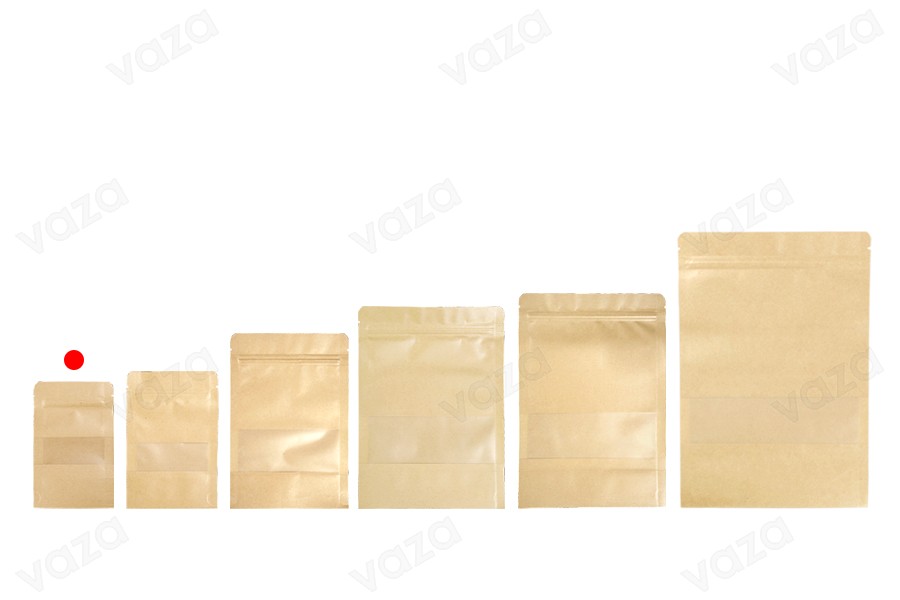 Qese kraft tip Doy Pack 90×30×140 mm, me mbyllje “zip” dhe dritare transparente, me veshje të brendshme dhe të jashtme transparente, me mundësi vulosjeje me ngjitje termike – 100 copë. Qese kraft tip Doy Pack 90×30×140 mm, me mbyllje “zip” dhe dritare transparente, me veshje të brendshme dhe të jashtme transparente, me mundësi vulosjeje me ngjitje termike – 100 copë.-imazh_grup
