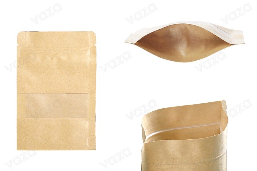 Doypack 100x30x150 m stand-up pouch kraft with a zipper, window, a transparent inside and outside layer, also heat sealablem - 100 pcs Doypack 100x30x150 m stand-up pouch kraft with a zipper, window, a transparent inside and outside layer, also heat sealablem - 100 pcs-image_product