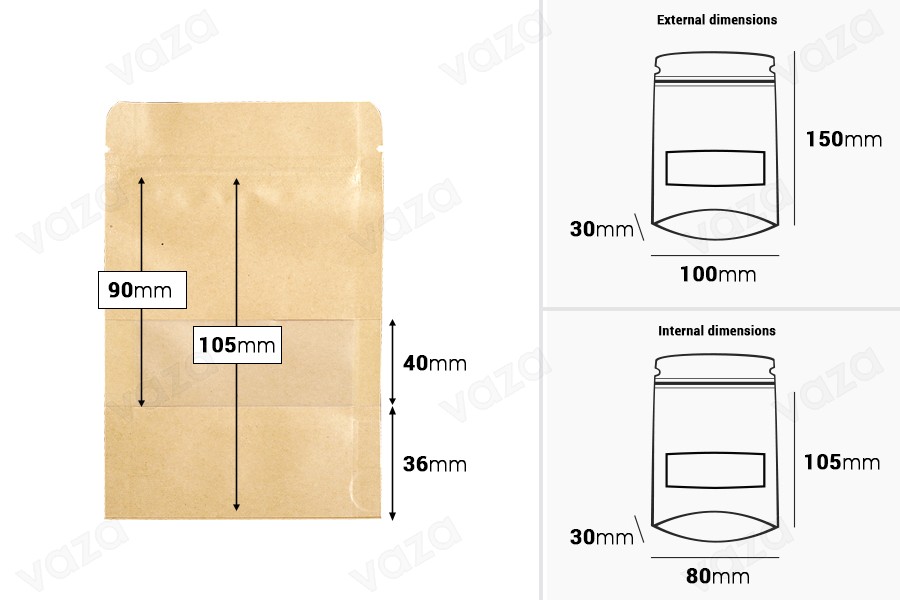 Doypack 100x30x150 m stand-up pouch kraft with a zipper, window, a transparent inside and outside layer, also heat sealablem - 100 pcs Doypack 100x30x150 m stand-up pouch kraft with a zipper, window, a transparent inside and outside layer, also heat sealablem - 100 pcs-image_dimensions