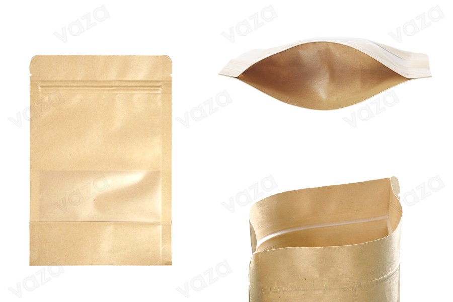 Σακουλάκια κραφτ τύπου Doy Pack 140x40x200 mm, με κλείσιμο "zip" και παράθυρο, εσωτερική και εξωτερική διάφανη επένδυση και δυνατότητα σφράγισης με θερμοκόλληση - 100 τμχ-εικόνα_προϊοντική