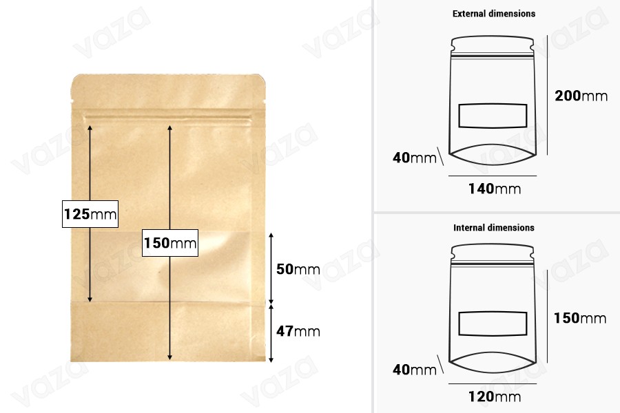 Σακουλάκια κραφτ τύπου Doy Pack 140x40x200 mm, με κλείσιμο "zip" και παράθυρο, εσωτερική και εξωτερική διάφανη επένδυση και δυνατότητα σφράγισης με θερμοκόλληση - 100 τμχ-εικόνα_διαστάσεις