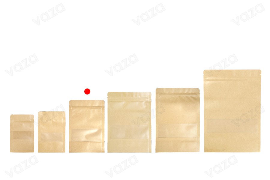 Σακουλάκια κραφτ τύπου Doy Pack 140x40x200 mm, με κλείσιμο "zip" και παράθυρο, εσωτερική και εξωτερική διάφανη επένδυση και δυνατότητα σφράγισης με θερμοκόλληση - 100 τμχ-εικόνα_σύνθεση