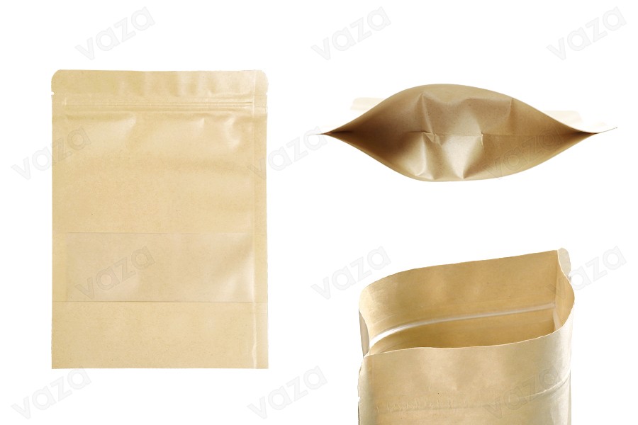 Qese kraft tip Doy Pack 160x40x220 mm, me mbyllje “zip” dhe dritare transparente, me veshje të brendshme dhe të jashtme transparente, me mundësi vulosjeje me ngjitje termike – 100 copë. Qese kraft tip Doy Pack 160x40x220 mm, me mbyllje “zip” dhe dritare transparente, me veshje të brendshme dhe të jashtme transparente, me mundësi vulosjeje me ngjitje termike – 100 copë.-imazh_produkt
