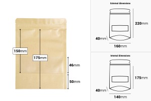 Sachets en papier kraft de type Doypack  160 x 40 x 220 mm, avec fermeture zip et fenêtre, revêtement intérieur et extérieur transparent et possibilité de fermeture par thermoscellage - 100 pcs-εικόνα_διαστάσεις