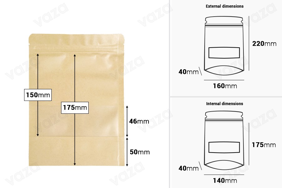 Qese kraft tip Doy Pack 160x40x220 mm, me mbyllje “zip” dhe dritare transparente, me veshje të brendshme dhe të jashtme transparente, me mundësi vulosjeje me ngjitje termike – 100 copë. Qese kraft tip Doy Pack 160x40x220 mm, me mbyllje “zip” dhe dritare transparente, me veshje të brendshme dhe të jashtme transparente, me mundësi vulosjeje me ngjitje termike – 100 copë.-imazh_dimensione