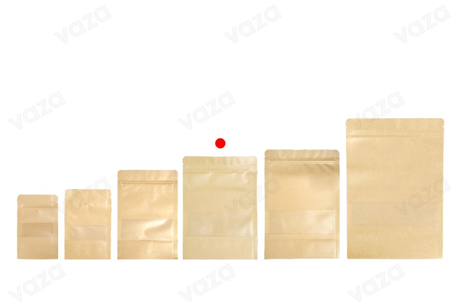Qese kraft tip Doy Pack 160x40x220 mm, me mbyllje “zip” dhe dritare transparente, me veshje të brendshme dhe të jashtme transparente, me mundësi vulosjeje me ngjitje termike – 100 copë. Qese kraft tip Doy Pack 160x40x220 mm, me mbyllje “zip” dhe dritare transparente, me veshje të brendshme dhe të jashtme transparente, me mundësi vulosjeje me ngjitje termike – 100 copë.-imazh_grup
