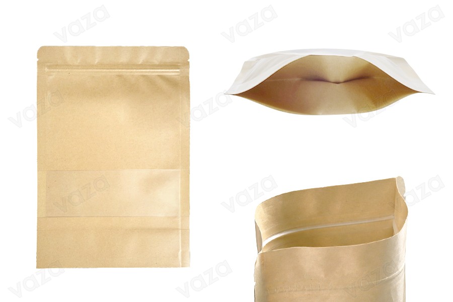Qese kraft tip Doy Pack 170×40×240 mm, me mbyllje “zip” dhe dritare transparente, me veshje të brendshme dhe të jashtme transparente, me mundësi vulosjeje me ngjitje termike – 100 copë.-εικόνα_προϊοντική