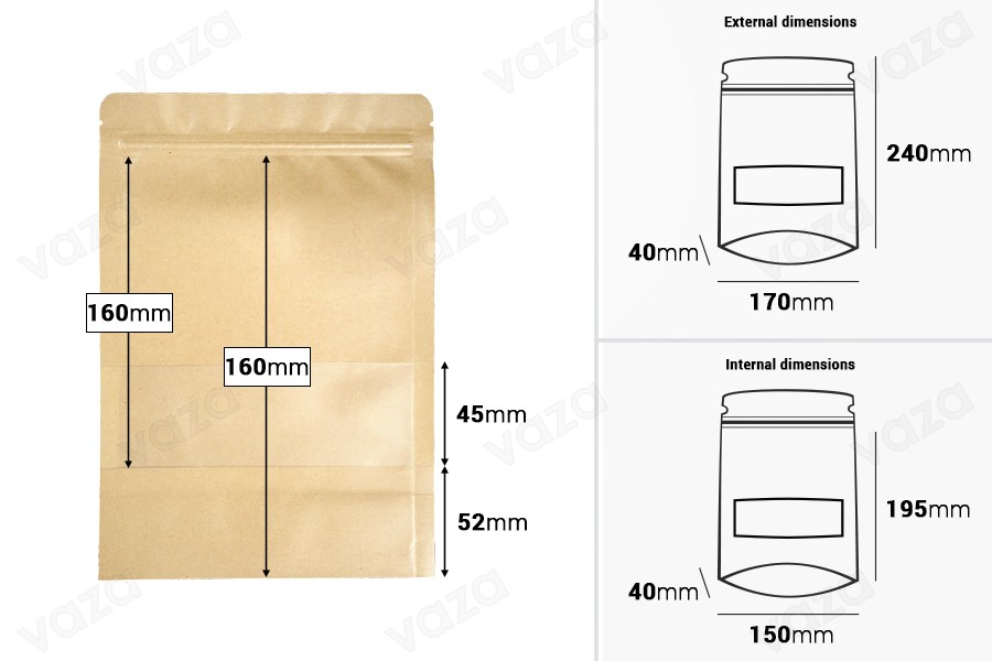 Qese kraft tip Doy Pack 170×40×240 mm, me mbyllje “zip” dhe dritare transparente, me veshje të brendshme dhe të jashtme transparente, me mundësi vulosjeje me ngjitje termike – 100 copë.-εικόνα_διαστάσεις