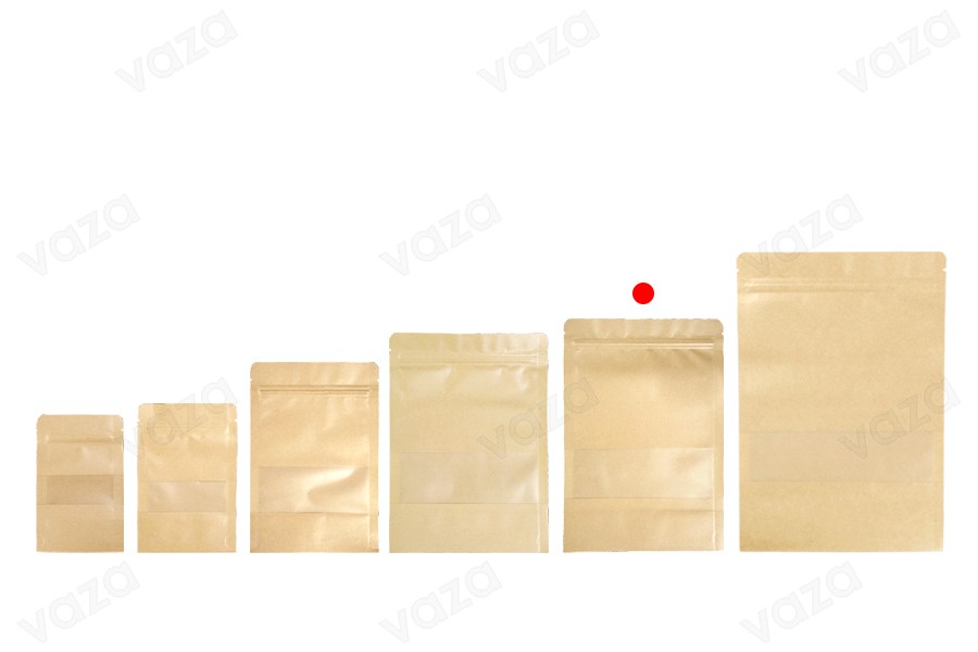Qese kraft tip Doy Pack 170×40×240 mm, me mbyllje “zip” dhe dritare transparente, me veshje të brendshme dhe të jashtme transparente, me mundësi vulosjeje me ngjitje termike – 100 copë.-εικόνα_σύνθεση