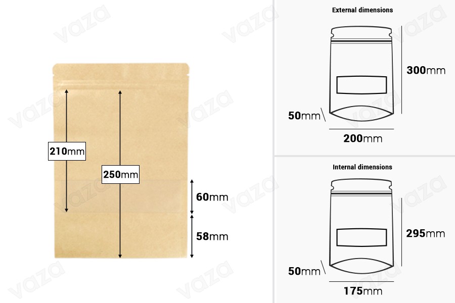Σακουλάκια κραφτ τύπου Doy Pack 200x50x295 mm, με κλείσιμο "zip" και παράθυρο, εσωτερική και εξωτερική διάφανη επένδυση και δυνατότητα σφράγισης με θερμοκόλληση - 100 τμχ Σακουλάκια κραφτ τύπου Doy Pack 200x50x295 mm, με κλείσιμο "zip" και παράθυρο, εσωτερική και εξωτερική διάφανη επένδυση και δυνατότητα σφράγισης με θερμοκόλληση - 100 τμχ-εικόνα_διαστάσεις
