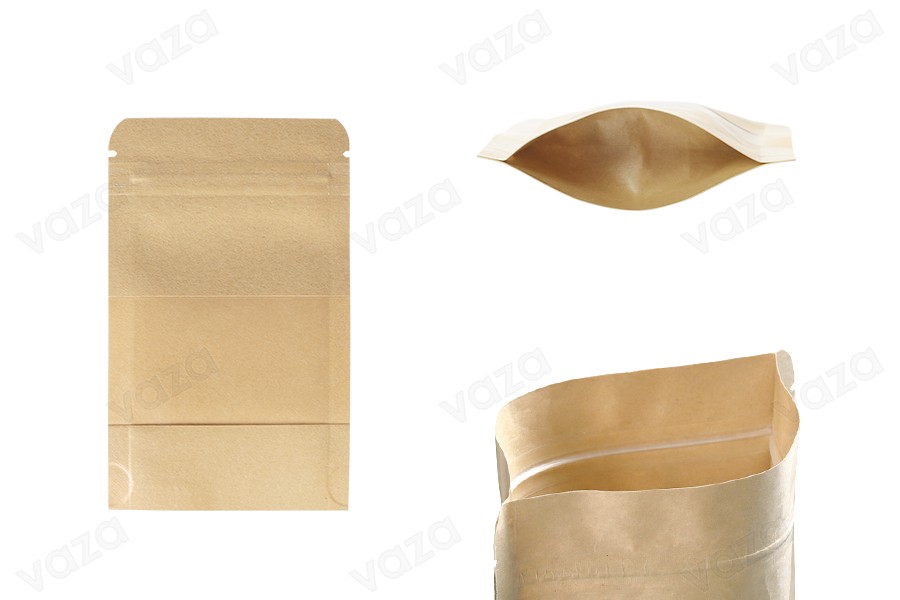 Qese kraft Doy Pack 80x30x130 mm, me mbyllje “zip”, dritare, veshje transparente të brendshme dhe të jashtme, dhe mundësi vulosjeje me nxehtësi – 100 copë Qese kraft Doy Pack 80x30x130 mm, me mbyllje “zip”, dritare, veshje transparente të brendshme dhe të jashtme, dhe mundësi vulosjeje me nxehtësi – 100 copë-εικόνα_προϊοντική