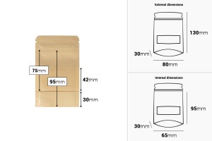 Sachets en papier kraft de type Doypack  80 x 30 x 130 mm, avec fermeture zip et fenêtre, revêtement intérieur et extérieur transparent et possibilité de fermeture par thermoscellage - 100 pcs-εικόνα_διαστάσεις