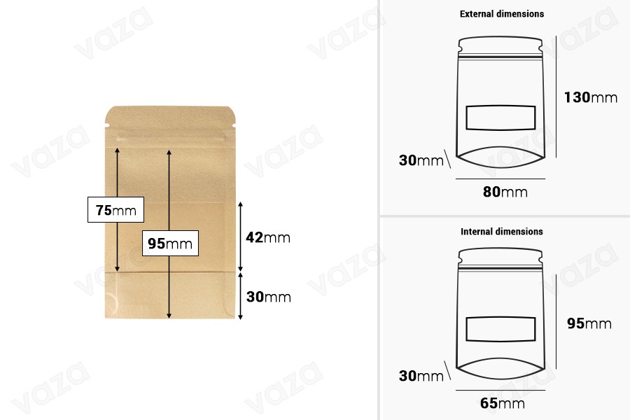 Qese kraft Doy Pack 80x30x130 mm, me mbyllje “zip”, dritare, veshje transparente të brendshme dhe të jashtme, dhe mundësi vulosjeje me nxehtësi – 100 copë Qese kraft Doy Pack 80x30x130 mm, me mbyllje “zip”, dritare, veshje transparente të brendshme dhe të jashtme, dhe mundësi vulosjeje me nxehtësi – 100 copë-εικόνα_διαστάσεις