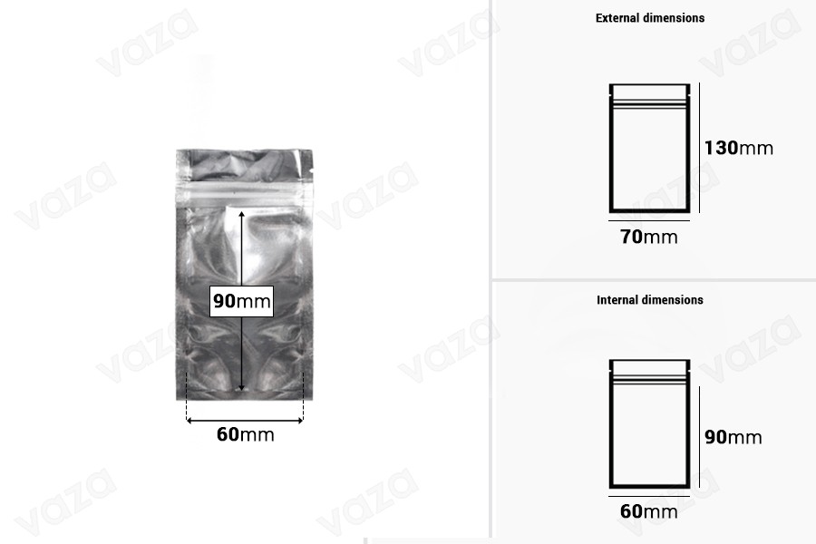 Σακουλάκια αλουμινίου με κλείσιμο "zip" 70x130 mm, διάφανη μπροστά πλευρά και δυνατότητα σφράγισης με θερμοκόλληση - 100 τμχ-εικόνα_διαστάσεις