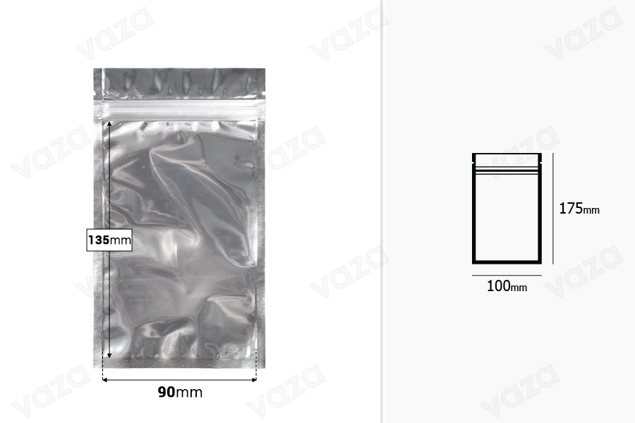 Heat sealable aluminum zip lock pouch with transparent front side in size 100x175  mm - 100 pcs-image_dimensions