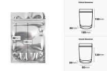 Sachets de type Doypack 100 x 30 x 150 mm dos en aluminium, fenêtre transparente avec fermeture zip et possibilité de fermeture par thermoscellage - 100 pcs Sachets de type Doypack 100 x 30 x 150 mm dos en aluminium, fenêtre transparente avec fermeture zip et possibilité de fermeture par thermoscellage - 100 pcs-photo_dimensions