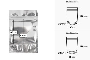 Σακουλάκια τύπου Doy Pack 100x30x150 mm αλουμινίου πίσω πλευρά, διάφανο μπροστά με κλείσιμο "zip" και δυνατότητα σφράγισης με θερμοκόλληση - 100 τμχ-εικόνα_διαστάσεις
