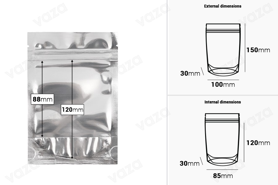 Sachets de type Doypack 100 x 30 x 150 mm dos en aluminium, fenêtre transparente avec fermeture zip et possibilité de fermeture par thermoscellage - 100 pcs Sachets de type Doypack 100 x 30 x 150 mm dos en aluminium, fenêtre transparente avec fermeture zip et possibilité de fermeture par thermoscellage - 100 pcs-photo_dimensions