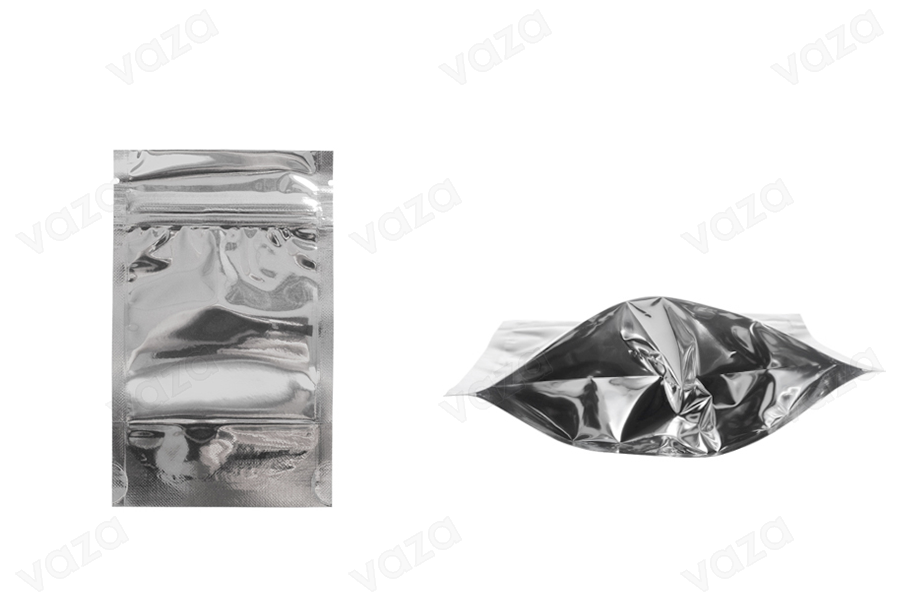 Doypack stand-up pouch with zipper, aluminum back side and transparent front side, heat sealable, 80x30x120 mm - 100 pcs Doypack stand-up pouch with zipper, aluminum back side and transparent front side, heat sealable, 80x30x120 mm - 100 pcs-image_product