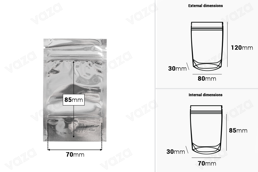 Doypack stand-up pouch with zipper, aluminum back side and transparent front side, heat sealable, 80x30x120 mm - 100 pcs Doypack stand-up pouch with zipper, aluminum back side and transparent front side, heat sealable, 80x30x120 mm - 100 pcs-image_dimensions