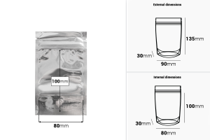 Doy Pack Beutel 90x30x135mm Aluminiumrückseite, transparente Vorderseite mit "Reißverschluss" und Möglichkeit zum Heißsiegeln - 100 Stück-εικόνα_διαστάσεις