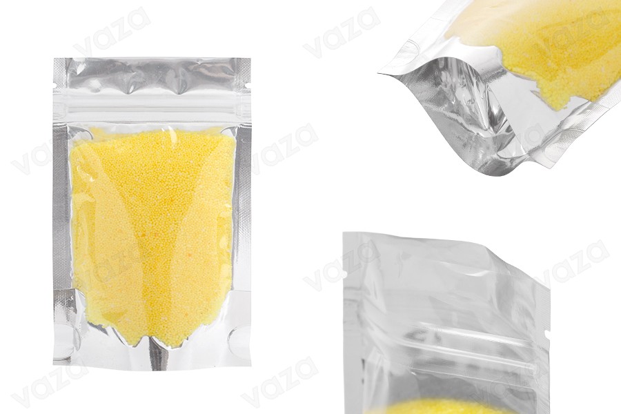 Σακουλάκια τύπου Doy Pack 80x30x130 mm αλουμινίου πίσω πλευρά, διάφανο μπροστά με κλείσιμο "zip" και δυνατότητα σφράγισης με θερμοκόλληση - 100 τμχ-εικόνα_προϊοντική