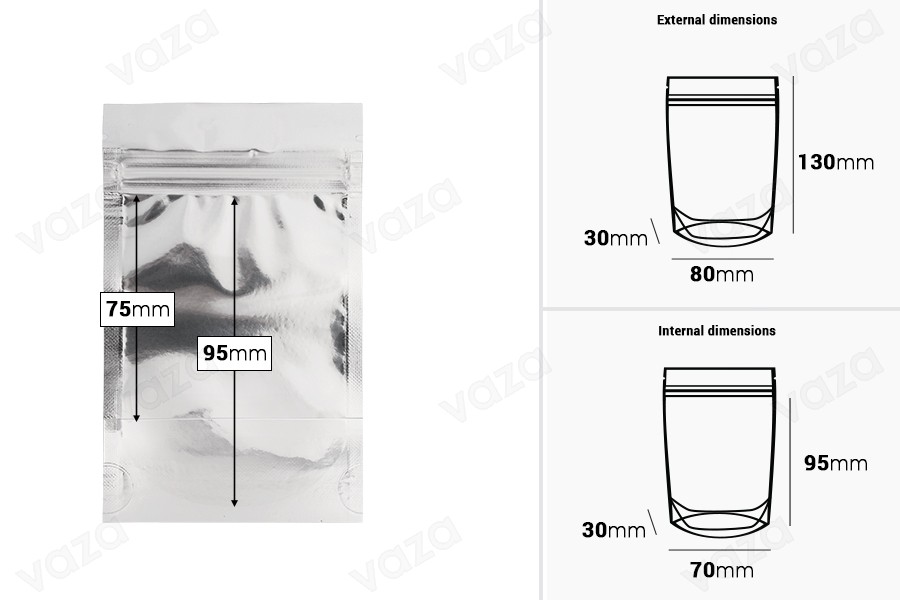 Σακουλάκια τύπου Doy Pack 80x30x130 mm αλουμινίου πίσω πλευρά, διάφανο μπροστά με κλείσιμο "zip" και δυνατότητα σφράγισης με θερμοκόλληση - 100 τμχ-εικόνα_διαστάσεις
