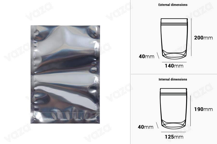 Σακουλάκια τύπου Doy Pack 140x40x200 mm αλουμινίου πίσω πλευρά, διάφανο μπροστά και κλείσιμο με θερμοκόλληση - 100 τμχ Σακουλάκια τύπου Doy Pack 140x40x200 mm αλουμινίου πίσω πλευρά, διάφανο μπροστά και κλείσιμο με θερμοκόλληση - 100 τμχ-