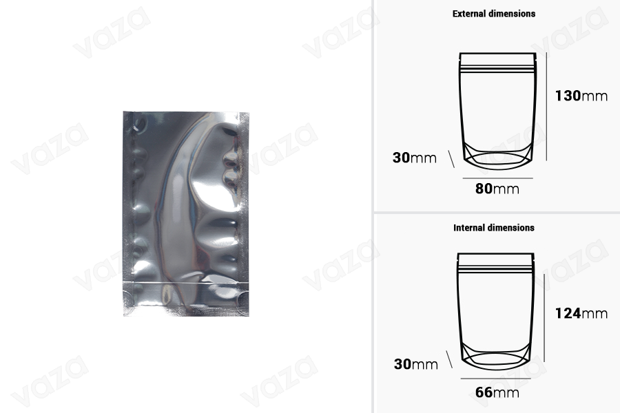 Σακουλάκια τύπου Doy Pack 80x30x130 mm αλουμινίου πίσω πλευρά, διάφανο μπροστά και κλείσιμο με θερμοκόλληση - 100 τμχ Σακουλάκια τύπου Doy Pack 80x30x130 mm αλουμινίου πίσω πλευρά, διάφανο μπροστά και κλείσιμο με θερμοκόλληση - 100 τμχ-εικόνα_διαστάσεις
