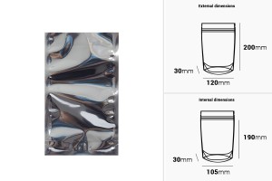 Sachets type Doy Pack 120 x 30 x 200 mm avec dos en aluminium, face transparente et fermeture par thermoscellage - 100 pcs-εικόνα_διαστάσεις