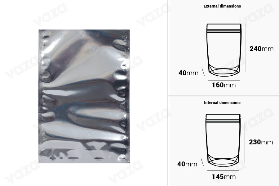 Doy Pack bags 160x40x240 mm aluminum back side, transparent front and closure with heat sealing - 100 pcs Doy Pack bags 160x40x240 mm aluminum back side, transparent front and closure with heat sealing - 100 pcs-image_dimensions