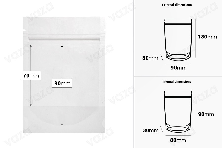 Transparent Doypack stand-up pouch with zipper, also heat-sealable in size 90x30x130 mm - 100 pcs. Transparent Doypack stand-up pouch with zipper, also heat-sealable in size 90x30x130 mm - 100 pcs.-image_dimensions