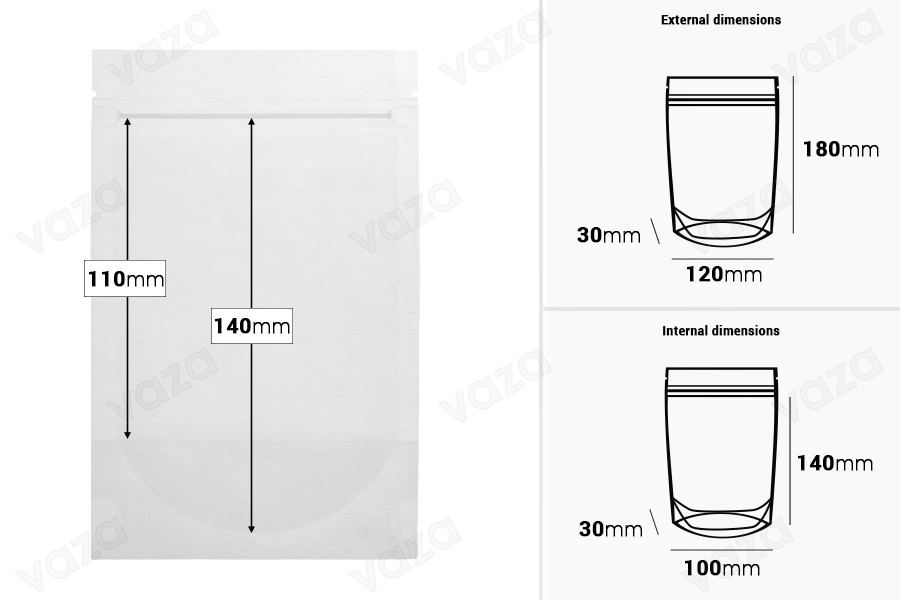 Transparent Doypack stand-up pouch with zipper, also heat-sealable in size 120x30x180 mm - 100 pcs. Transparent Doypack stand-up pouch with zipper, also heat-sealable in size 120x30x180 mm - 100 pcs.-image_dimensions