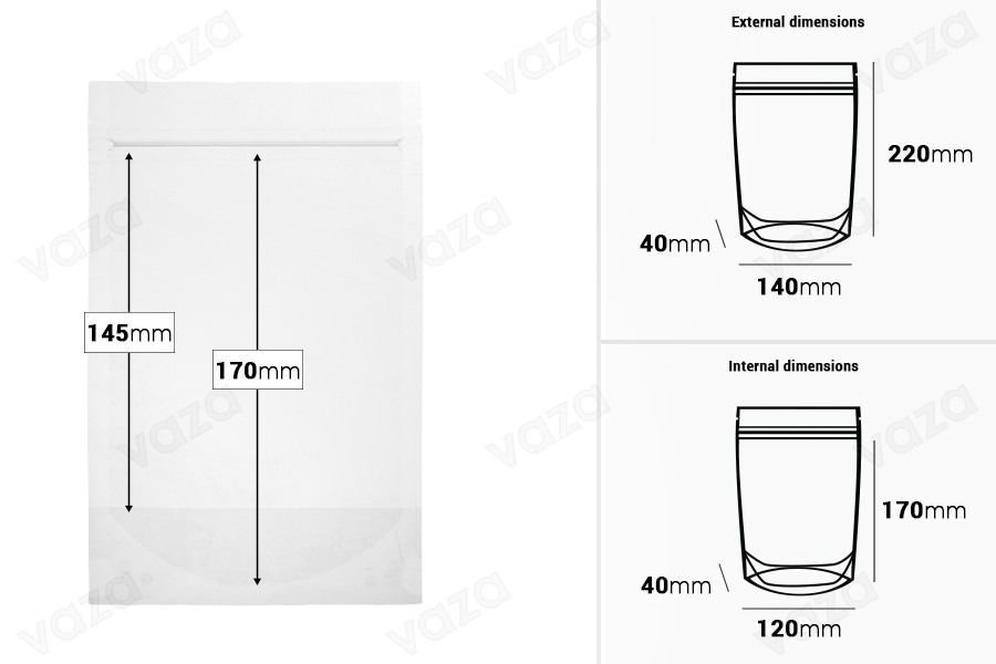 Σακουλάκια τύπου Doy Pack 140x40x220 mm διάφανα με κλείσιμο zip και δυνατότητα σφράγισης με θερμοκόλληση - 100 τμχ-εικόνα_διαστάσεις