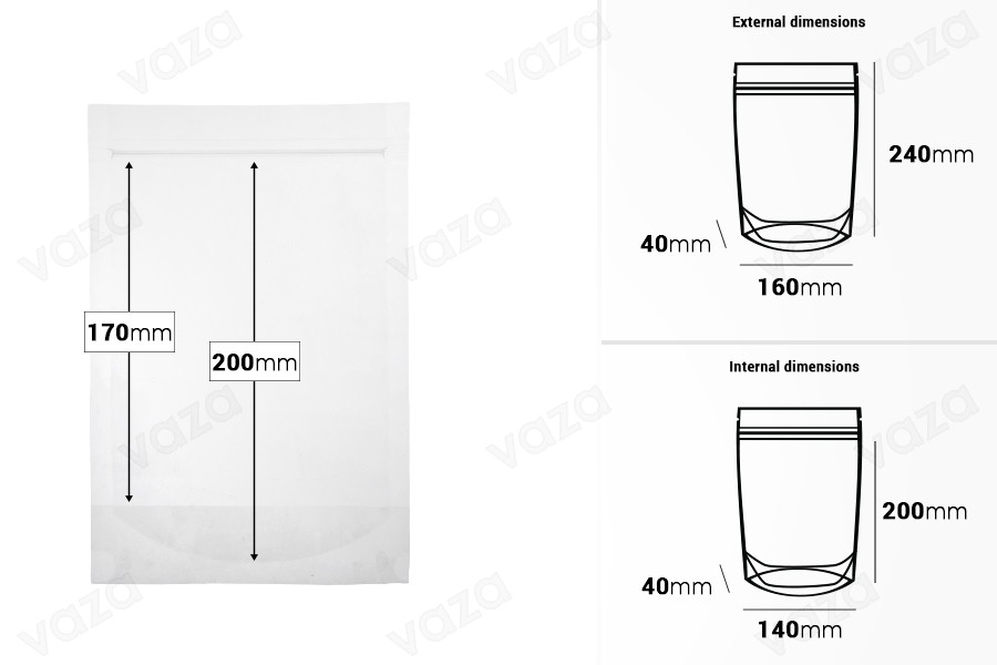 Transparent Doypack stand-up pouch with zipper, also heat-sealable in size 160x40x240 mm - 100 pcs. Transparent Doypack stand-up pouch with zipper, also heat-sealable in size 160x40x240 mm - 100 pcs.-image_dimensions