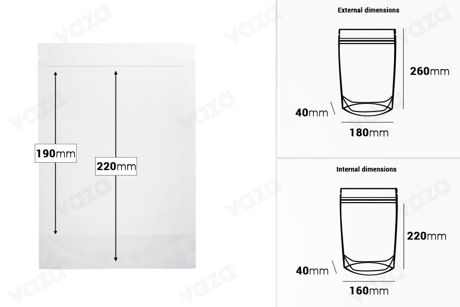 Transparent Doypack stand-up pouch with zipper, also heat-sealable in size 180x40x260 mm - 100 pcs. Transparent Doypack stand-up pouch with zipper, also heat-sealable in size 180x40x260 mm - 100 pcs.-image_dimensions