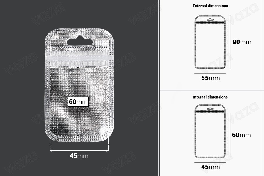 Sachets avec fermeture éclair 55 x 90 mm, dos argenté non tissé, face transparente et eurohole - 100 pcs Sachets avec fermeture éclair 55 x 90 mm, dos argenté non tissé, face transparente et eurohole - 100 pcs-εικόνα_διαστάσεις