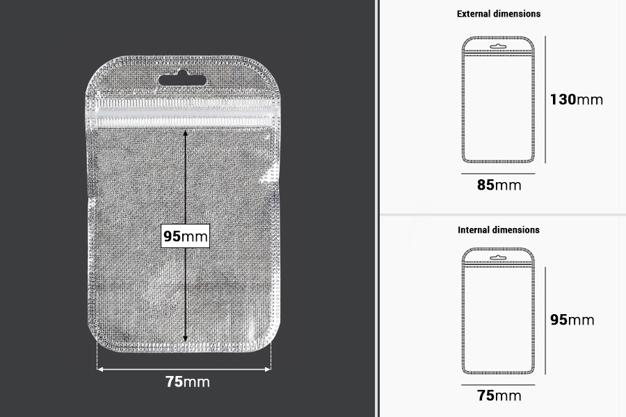 Non-woven zip lock bags with Eurohole, silver back side and transparent front side in size 85x130 mm - 100 pcs-image_dimensions