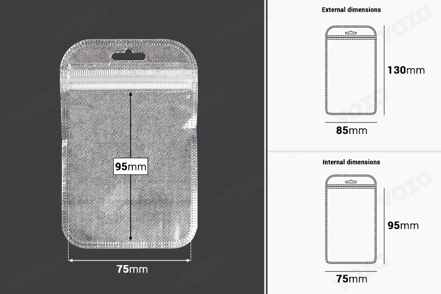 Non-woven zip lock bags with Eurohole, silver back side and transparent front side in size 85x130 mm - 100 pcs Non-woven zip lock bags with Eurohole, silver back side and transparent front side in size 85x130 mm - 100 pcs-image_dimensions