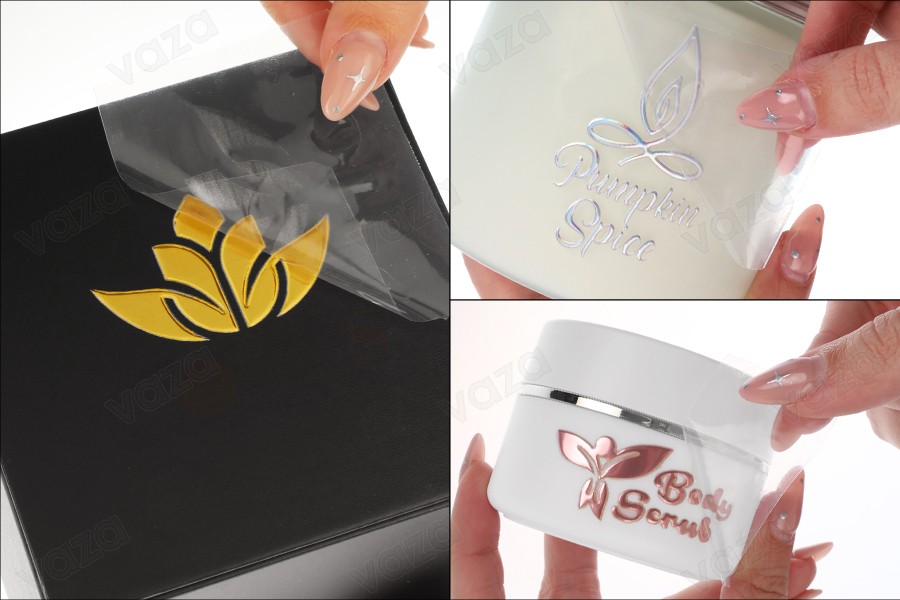 UV DTF 3D Foil αυτοκόλλητες ανάγλυφες ετικέτες με θερμοτυπία σε φύλλο 50x40 cm σε τρία χρώματα-εικόνα_προϊοντική