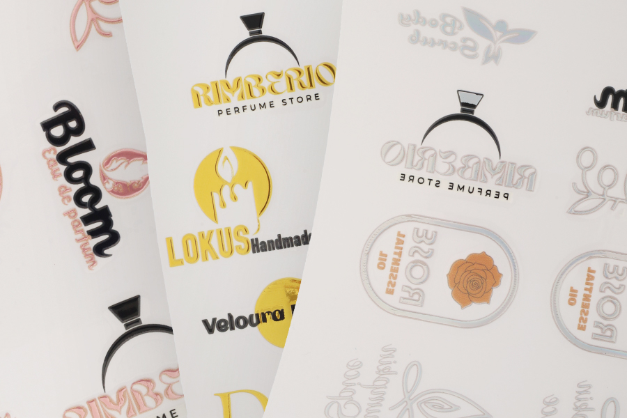 UV-DTF-3D-Folien-Selbstklebeetiketten mit Thermodruck auf einem 50 x 40 cm großen Bogen in drei Farben-bildgruppe