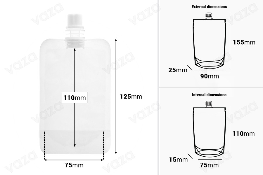 Transparent Doypack stand-up spout pouch with white cap, 100 ml - 50 pcs. Transparent Doypack stand-up spout pouch with white cap, 100 ml - 50 pcs.-image_dimensions