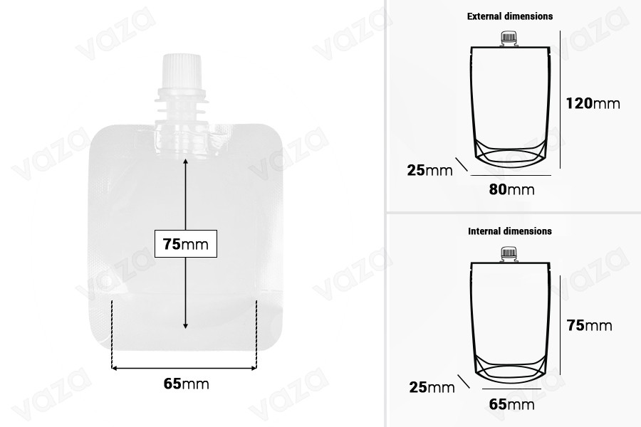 Paketim transparent i tipit Doy Pack 50 ml me kapak sigurie të bardhë - 50 copë Paketim transparent i tipit Doy Pack 50 ml me kapak sigurie të bardhë - 50 copë -εικόνα_διαστάσεις