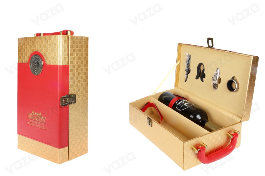 Luxuriöser Koffer für 2 Weinflaschen mit Zubehör und Lederfutter in goldroter Farbe Luxuriöser Koffer für 2 Weinflaschen mit Zubehör und Lederfutter in goldroter Farbe-produktbild