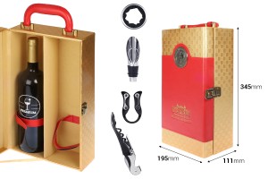 Coffret de luxe pour 2 bouteilles de vin, avec accessoires et doublure en similicuir rouge doré-εικόνα_διαστάσεις