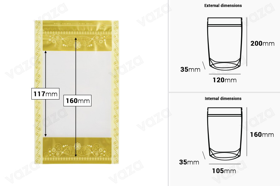 Transparent Doypack stand-up pouch in size 120x35x200 mm, with zipper, also heat sealable - 50 pcs Transparent Doypack stand-up pouch in size 120x35x200 mm, with zipper, also heat sealable - 50 pcs-image_dimensions